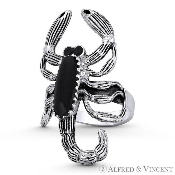Scorpio Zodiac Sign Faux Onyx Statement Ring in .925 Sterling Silver - Size 7 - Picture 1 of 1